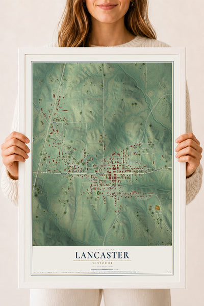 Map of Lancaster, Missouri, 18 x 24 inch print in a white wood frame