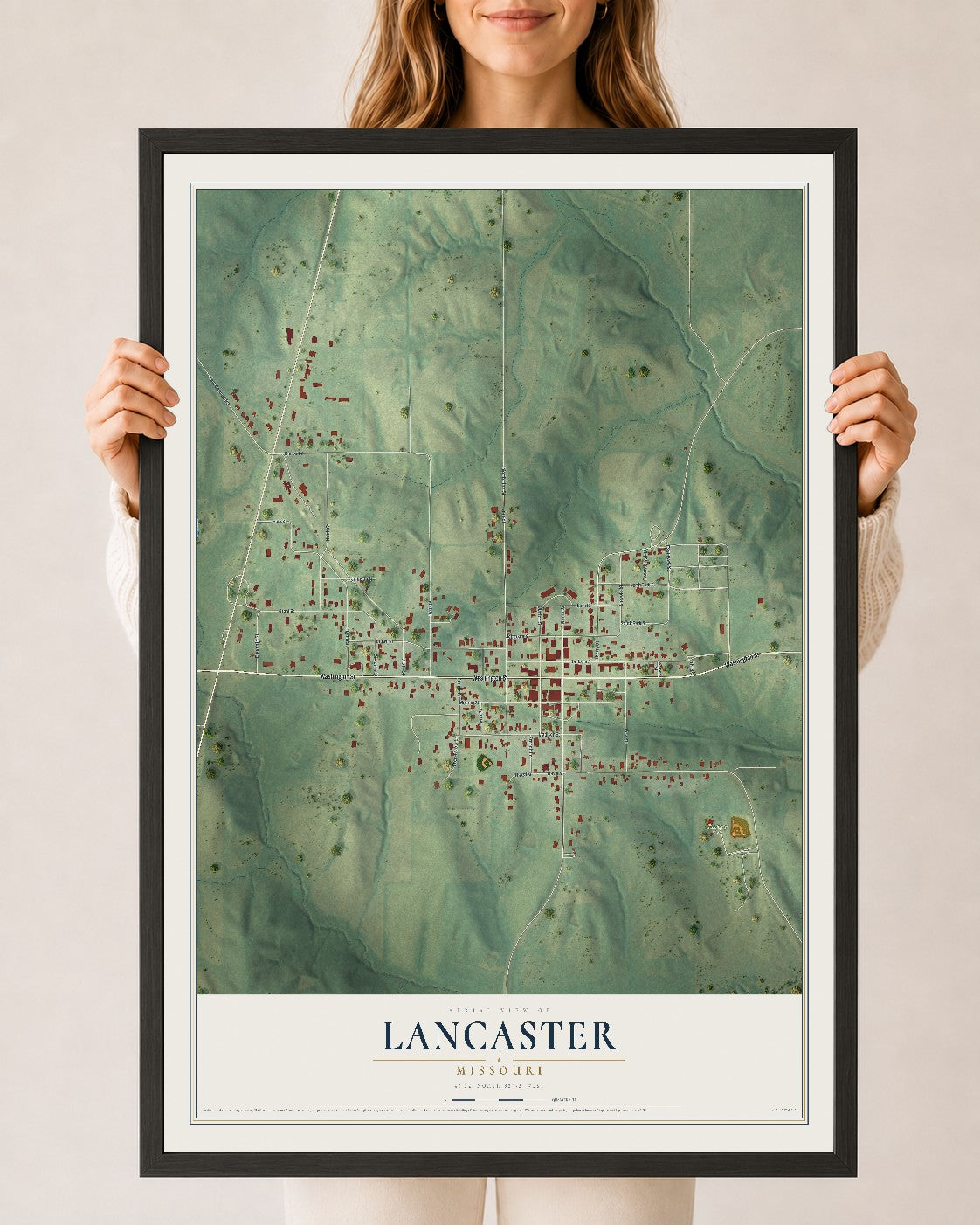 Map of Lancaster, Missouri, 24 x 36 inch print in a black wood frame