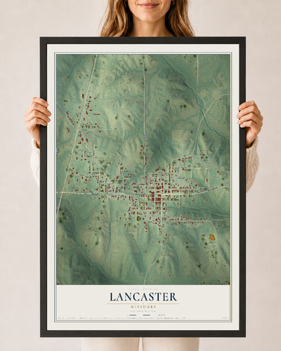 Map of Lancaster, Missouri, 24 x 36 inch print in a black wood frame