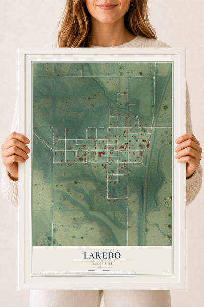 Map of Laredo, Missouri, 18 x 24 inch print in a white wood frame