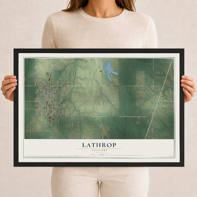 Map of Lathrop, Missouri, 12 x 18 inch print in a black wood frame
