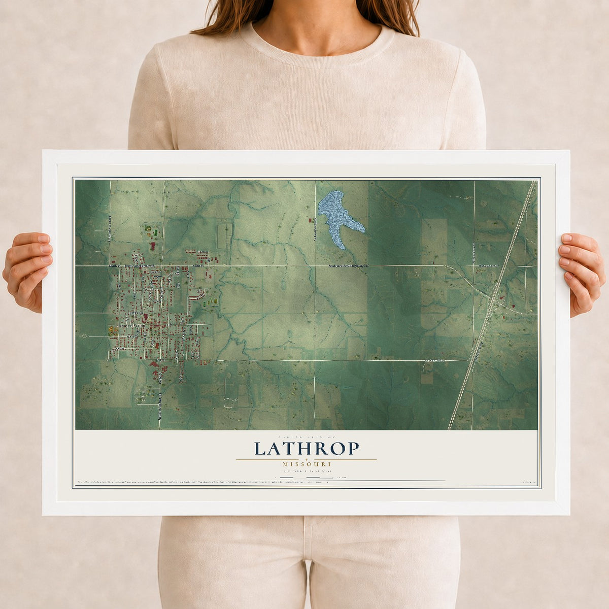 Map of Lathrop, Missouri, 12 x 18 inch print in a white wood frame