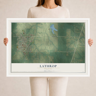 Map of Lathrop, Missouri, 24 x 36 inch print in a white wood frame
