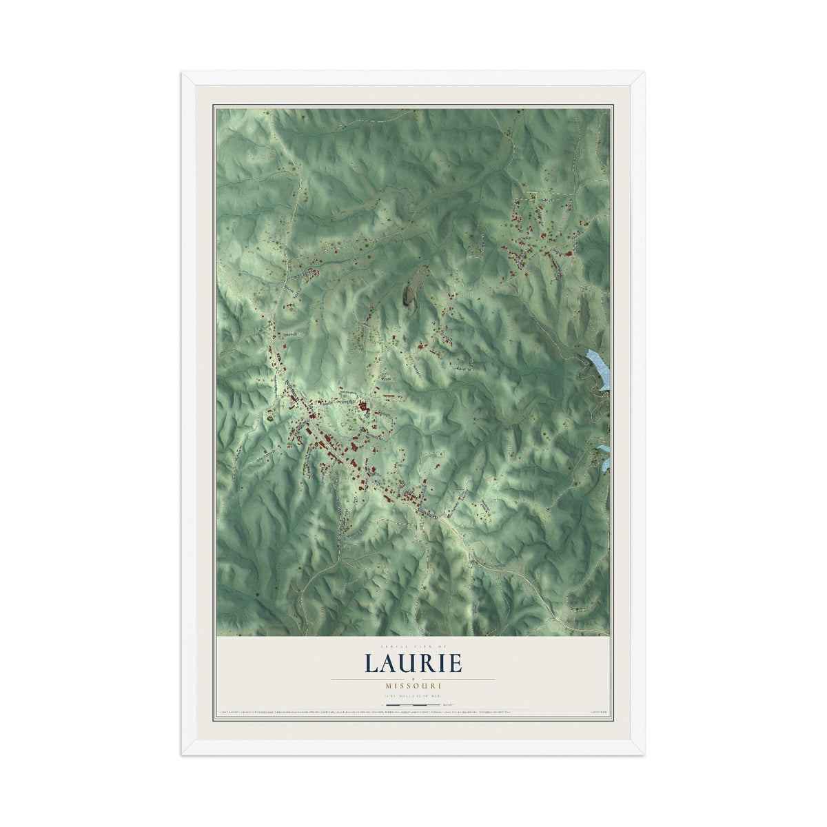 Map of Laurie, Missouri, 12 x 18 inch print in a white wood frame