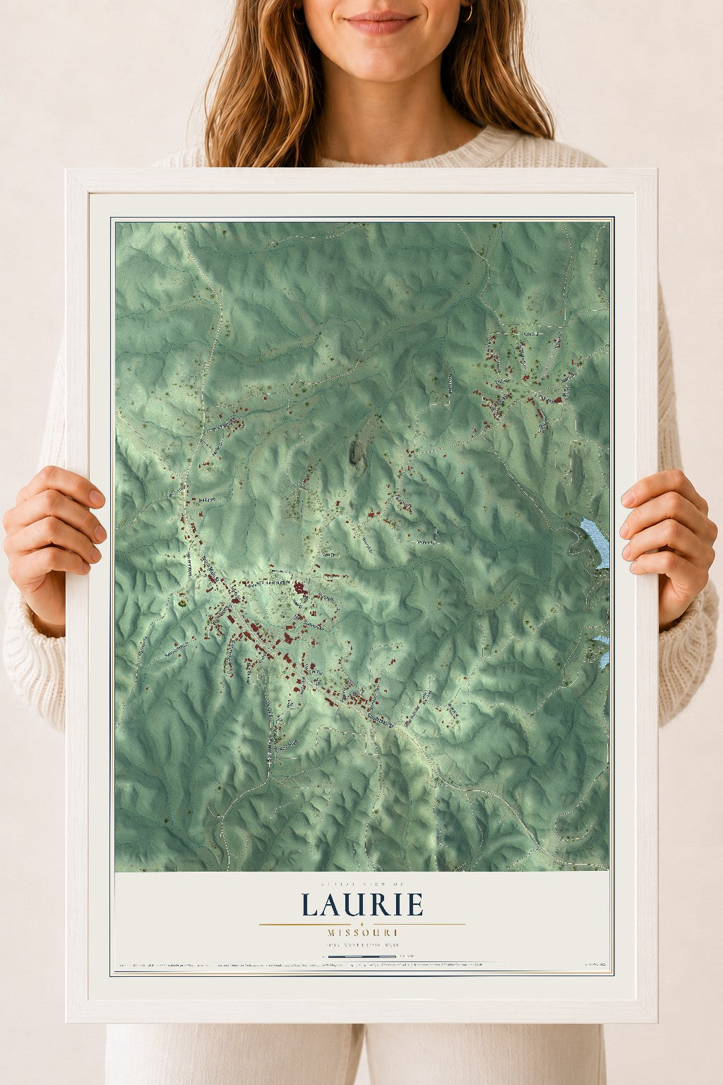 Map of Laurie, Missouri, 18 x 24 inch print in a white wood frame