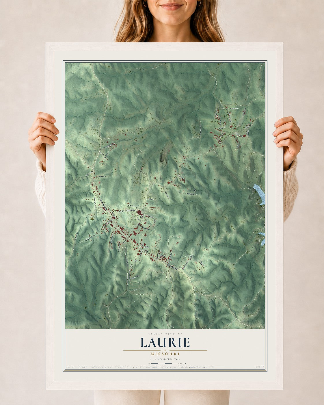 Map of Laurie, Missouri, 24 x 36 inch print in a white wood frame