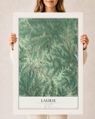 Map of Laurie, Missouri, 24 x 36 inch print in a white wood frame