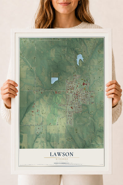 Map of Lawson, Missouri, 18 x 24 inch print in a white wood frame