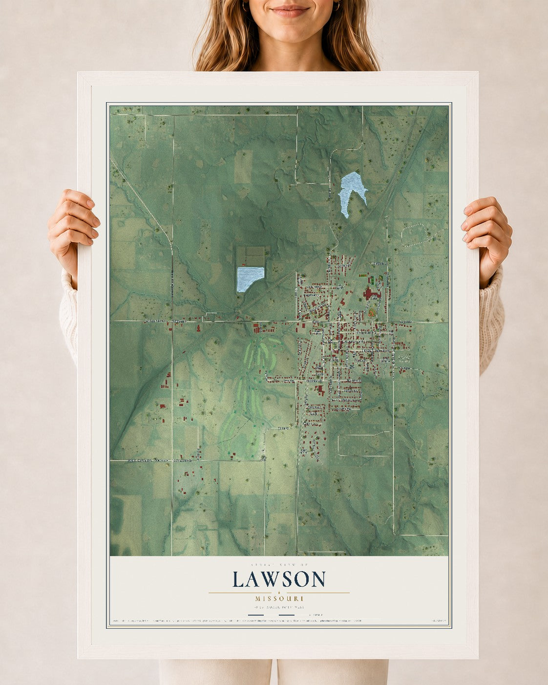 Map of Lawson, Missouri, 24 x 36 inch print in a white wood frame