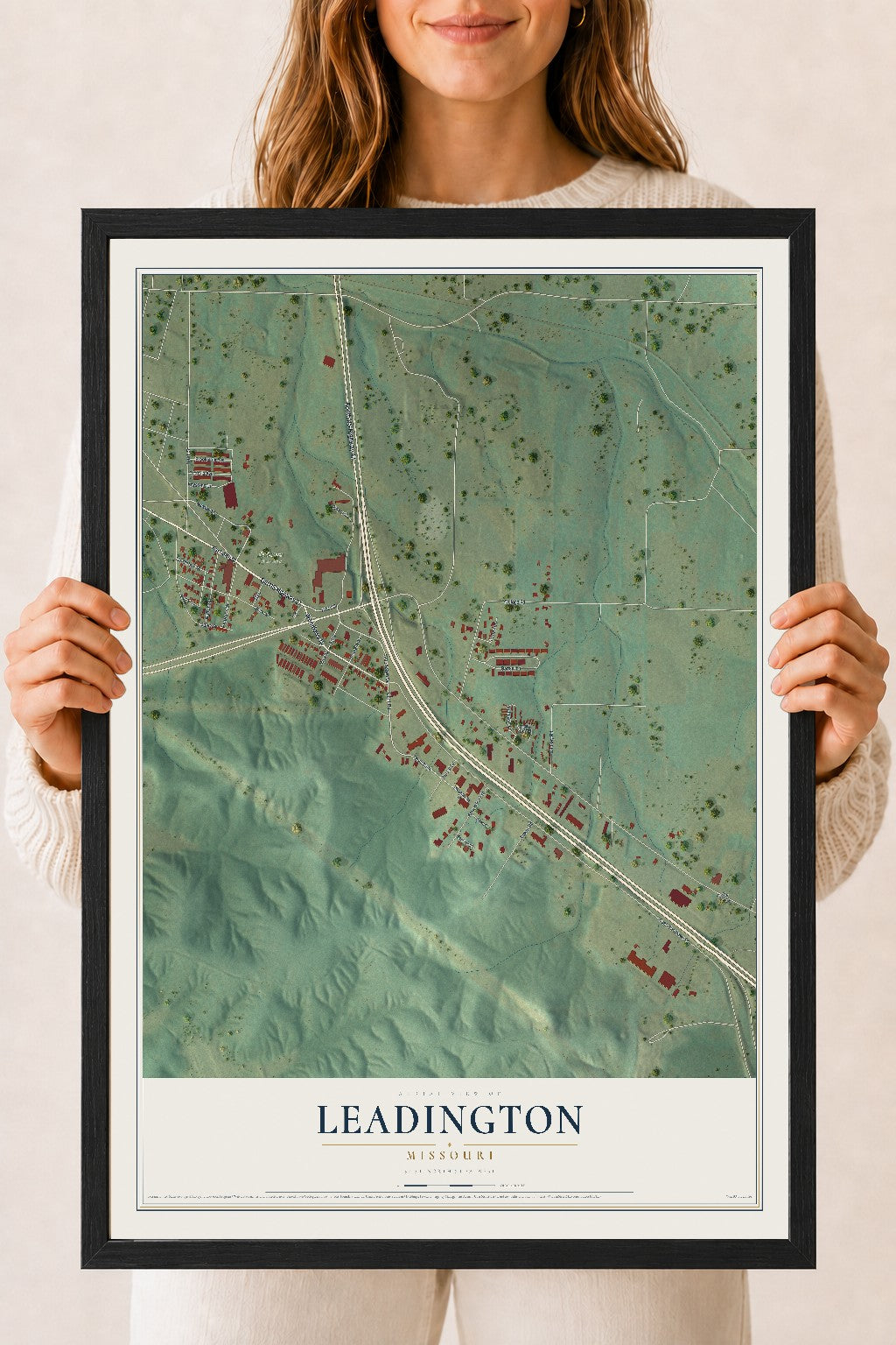 Map of Leadington, Missouri, 18 x 24 inch print in a black wood frame