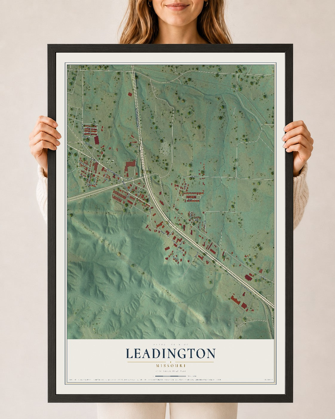 Map of Leadington, Missouri, 24 x 36 inch print in a black wood frame