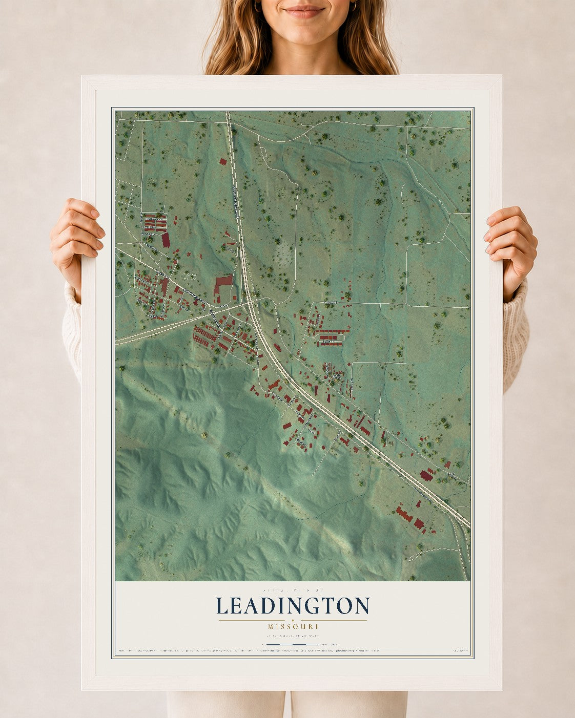 Map of Leadington, Missouri, 24 x 36 inch print in a white wood frame