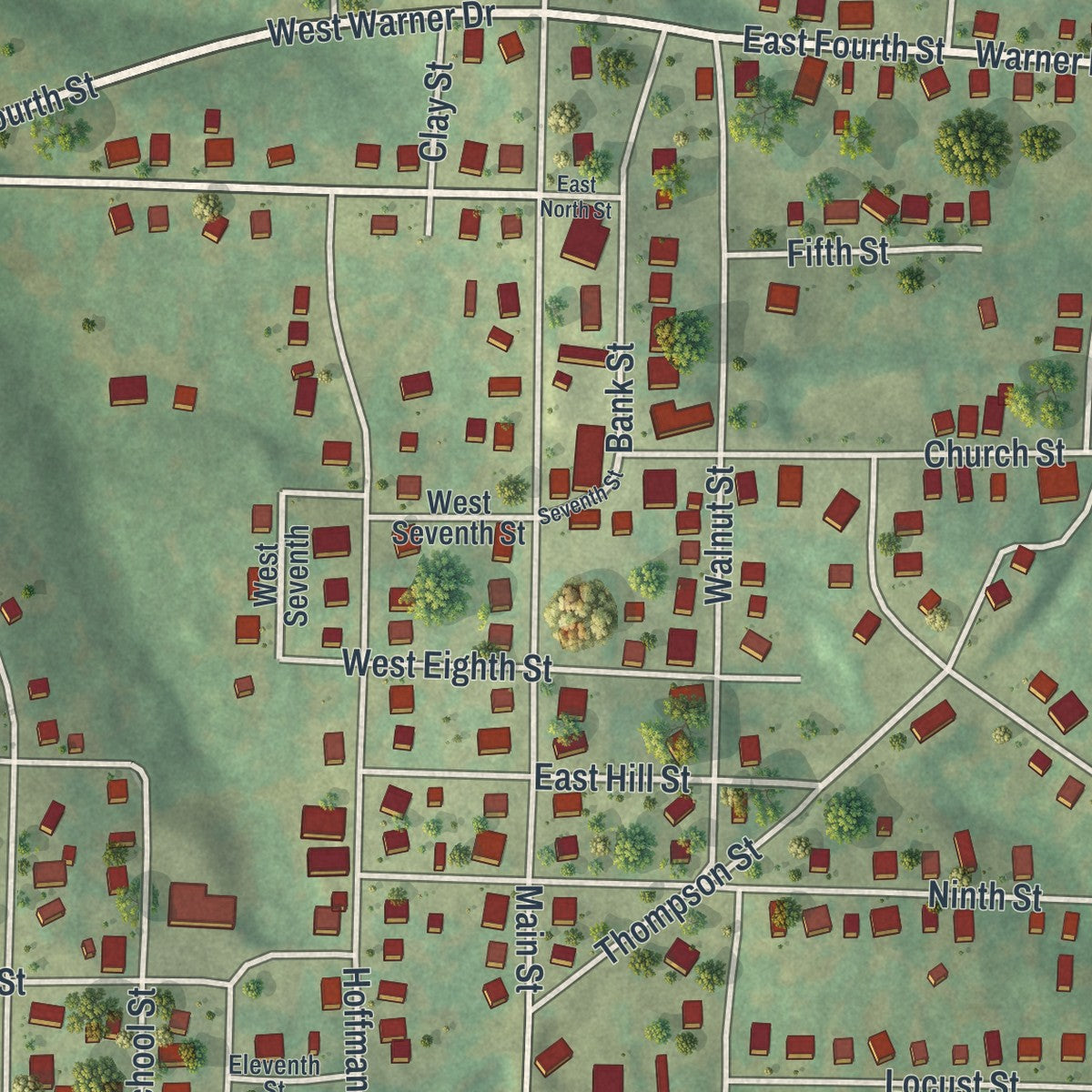 Close-up of the map of Leadwood, Missouri print showing street and building detail