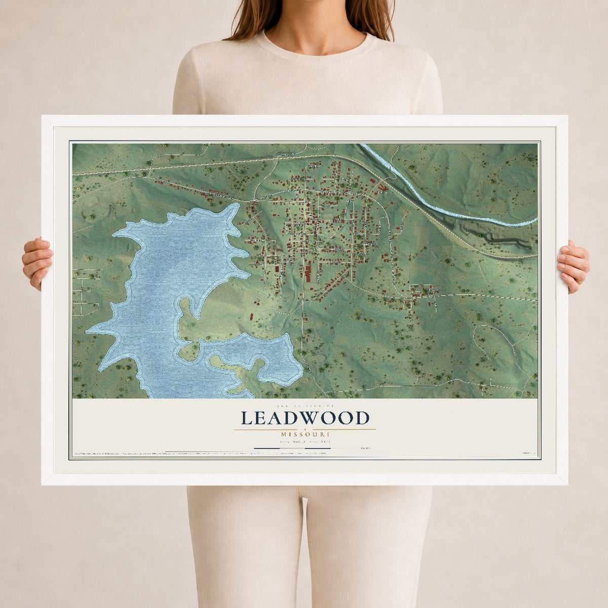 Map of Leadwood, Missouri, 24 x 36 inch print in a white wood frame