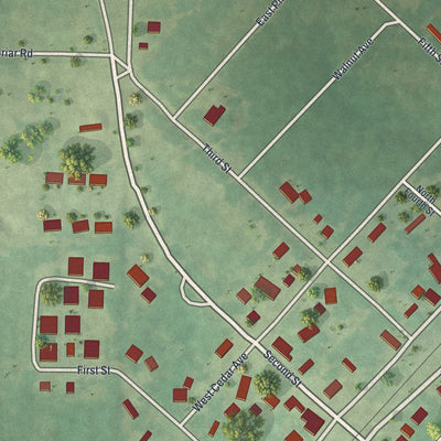 Close-up of the map of Leasburg, Missouri print showing street and building detail