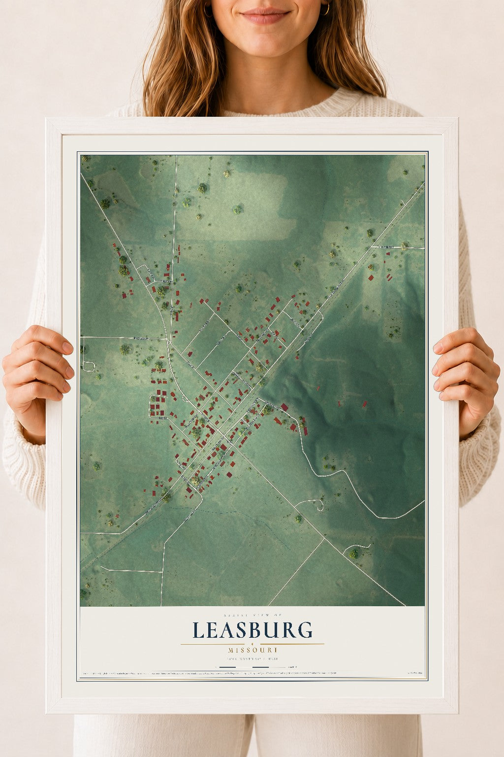 Map of Leasburg, Missouri, 18 x 24 inch print in a white wood frame