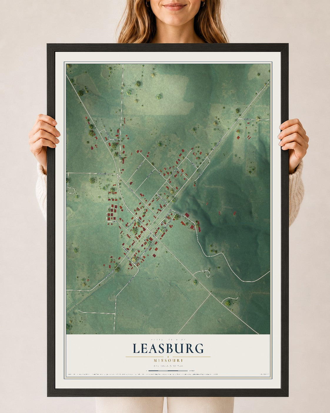 Map of Leasburg, Missouri, 24 x 36 inch print in a black wood frame