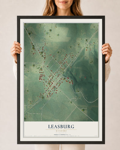 Map of Leasburg, Missouri, 24 x 36 inch print in a black wood frame