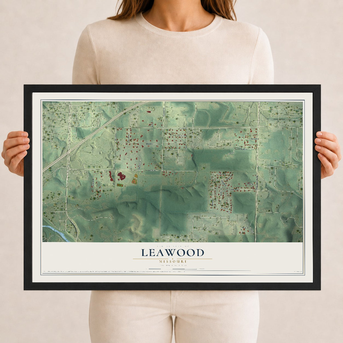 Map of Leawood, Missouri, 12 x 18 inch print in a black wood frame