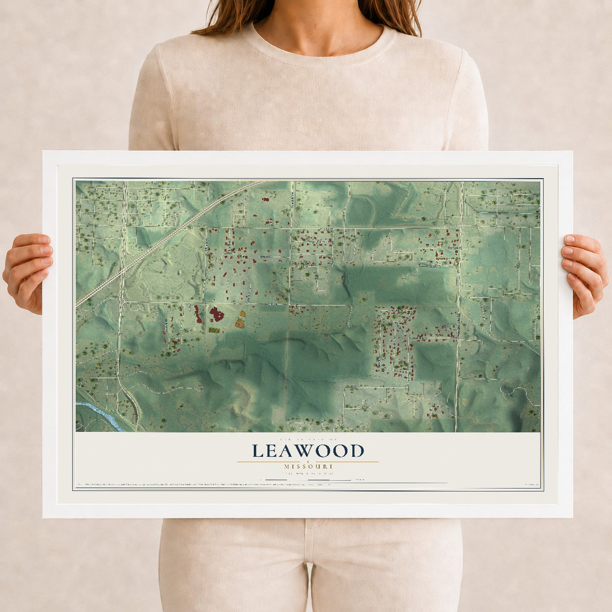 Map of Leawood, Missouri, 12 x 18 inch print in a white wood frame
