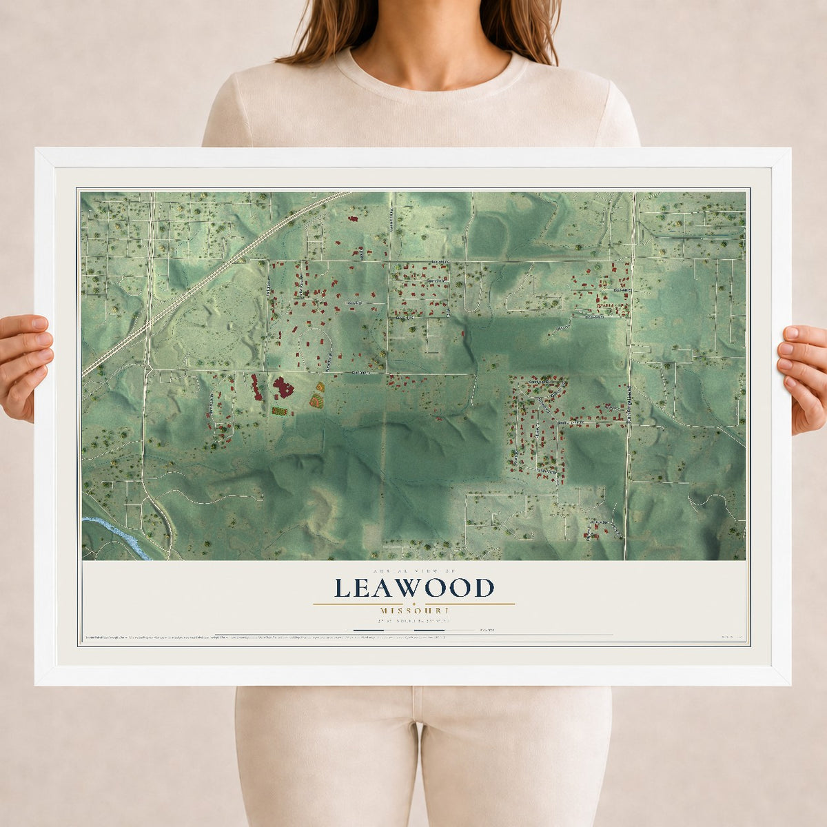 Map of Leawood, Missouri, 18 x 24 inch print in a white wood frame