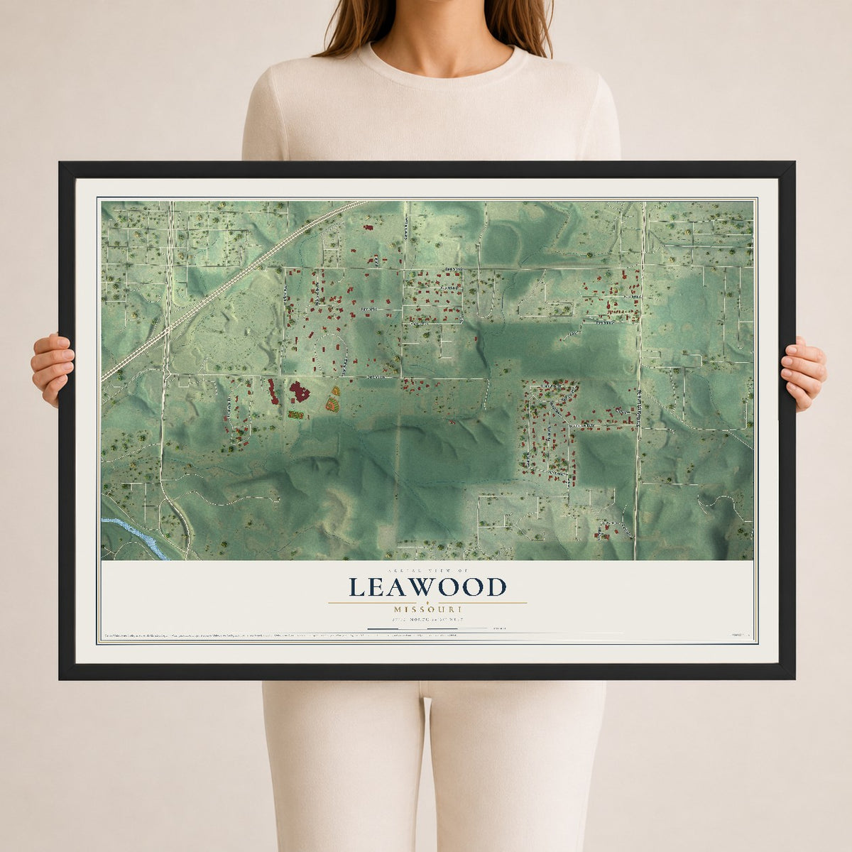 Map of Leawood, Missouri, 24 x 36 inch print in a black wood frame