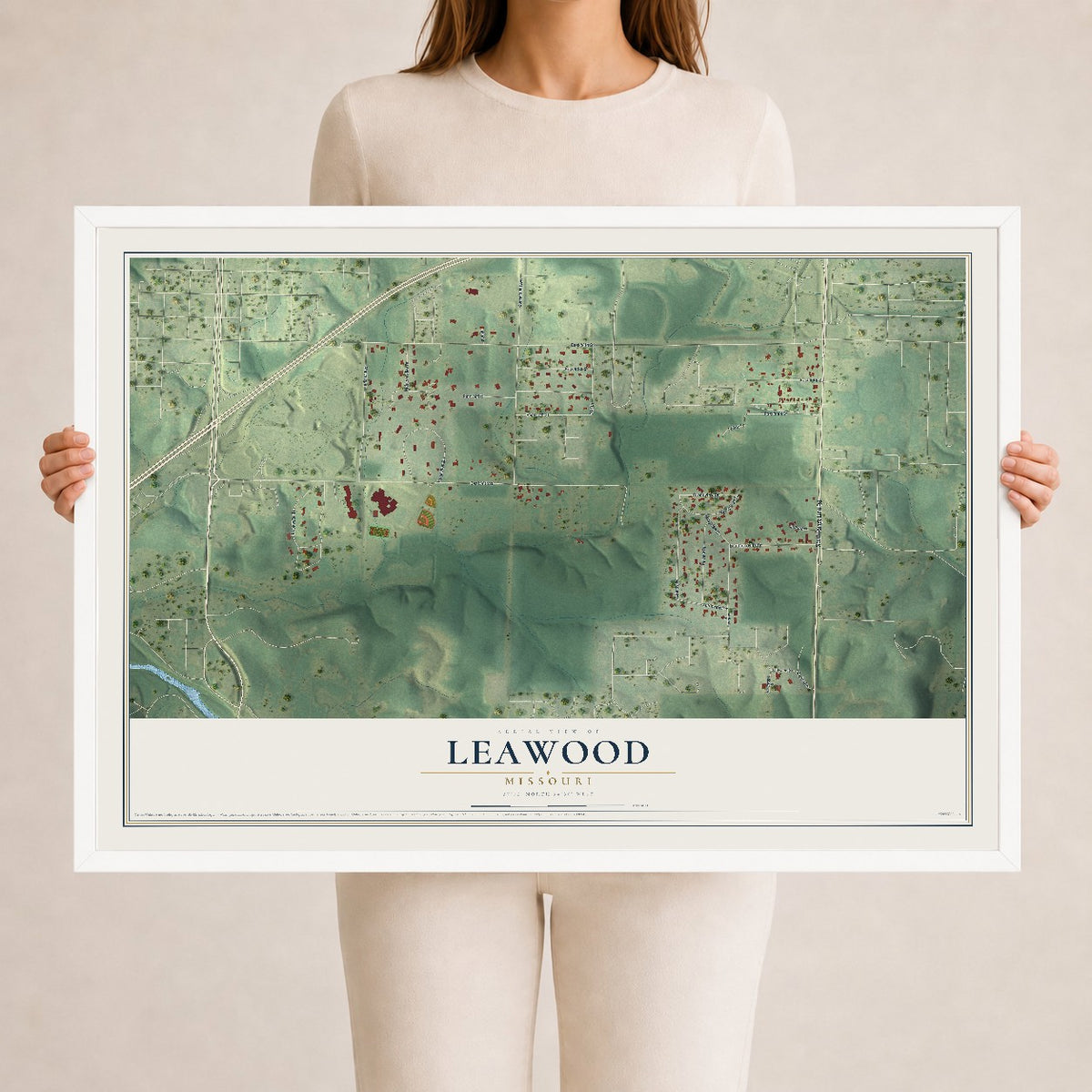 Map of Leawood, Missouri, 24 x 36 inch print in a white wood frame