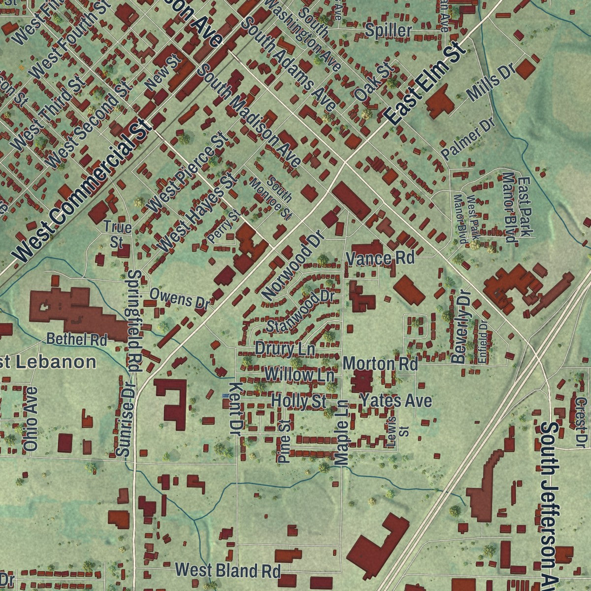 Close-up of the map of Lebanon, Missouri print showing street and building detail