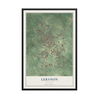 Map of Lebanon, Missouri, 12 x 18 inch print in a black wood frame