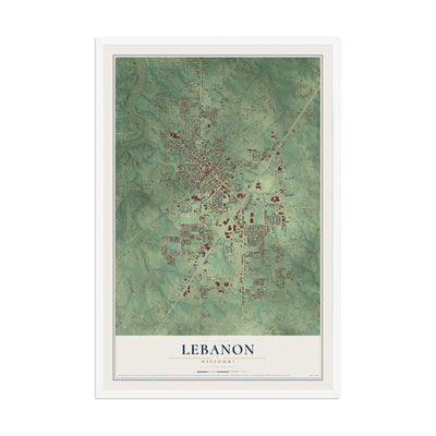 Map of Lebanon, Missouri, 12 x 18 inch print in a white wood frame