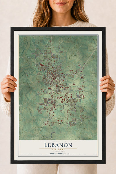 Map of Lebanon, Missouri, 18 x 24 inch print in a black wood frame