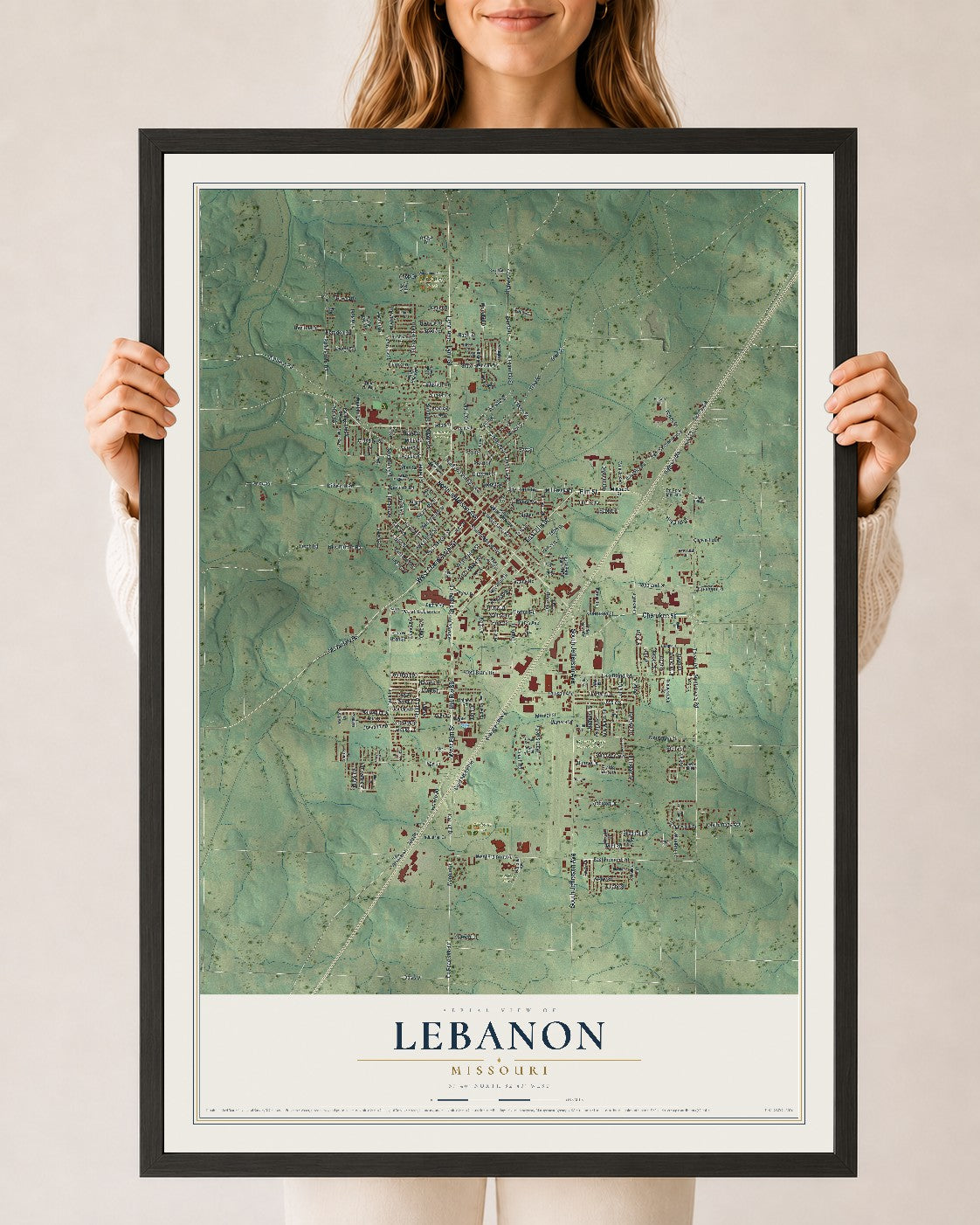 Map of Lebanon, Missouri, 24 x 36 inch print in a black wood frame