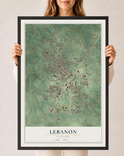 Map of Lebanon, Missouri, 24 x 36 inch print in a black wood frame