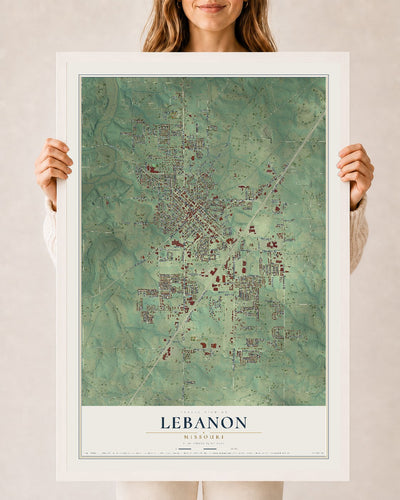 Map of Lebanon, Missouri, 24 x 36 inch print in a white wood frame