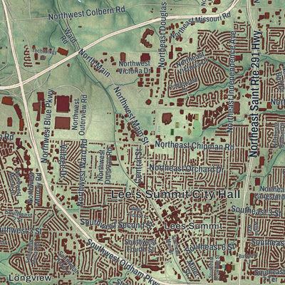 Close-up of the map of Lee's Summit, Missouri print showing street and building detail