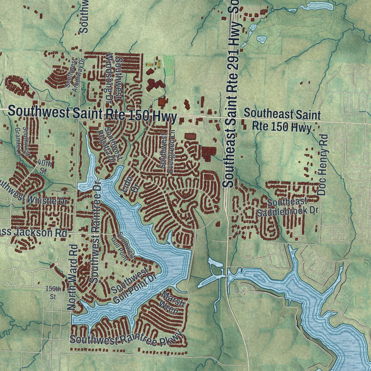 Second close-up of the map of Lee's Summit, Missouri print showing more streets and buildings
