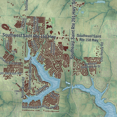 Second close-up of the map of Lee's Summit, Missouri print showing more streets and buildings