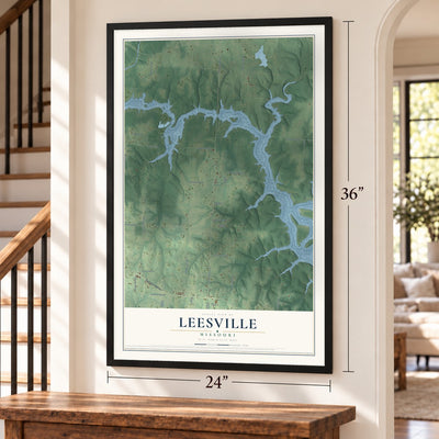 Leesville, Missouri map, 24 x 36 inch print in a black frame by a staircase