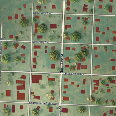 Close-up of the map of Leeton, Missouri print showing street and building detail