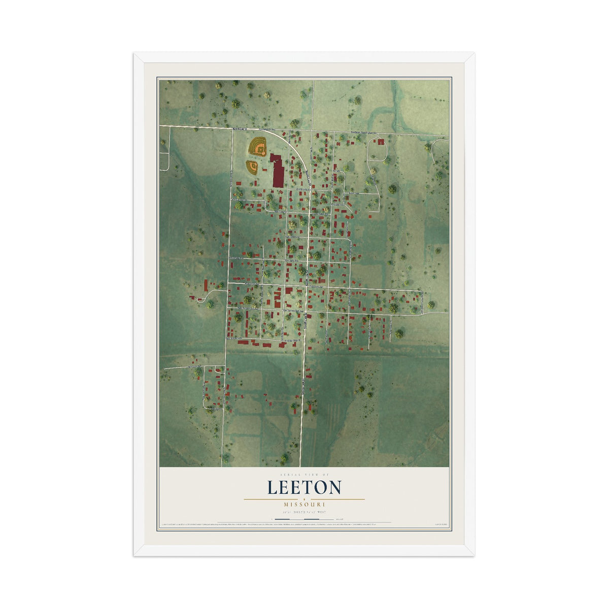 Map of Leeton, Missouri, 12 x 18 inch print in a white wood frame