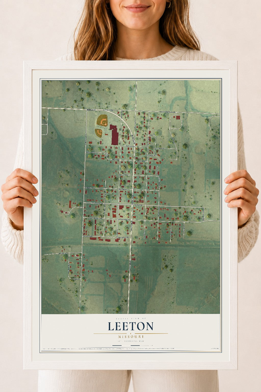 Map of Leeton, Missouri, 18 x 24 inch print in a white wood frame
