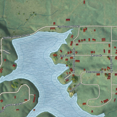 Close-up of the map of Leisure Lake, Missouri print showing street and building detail