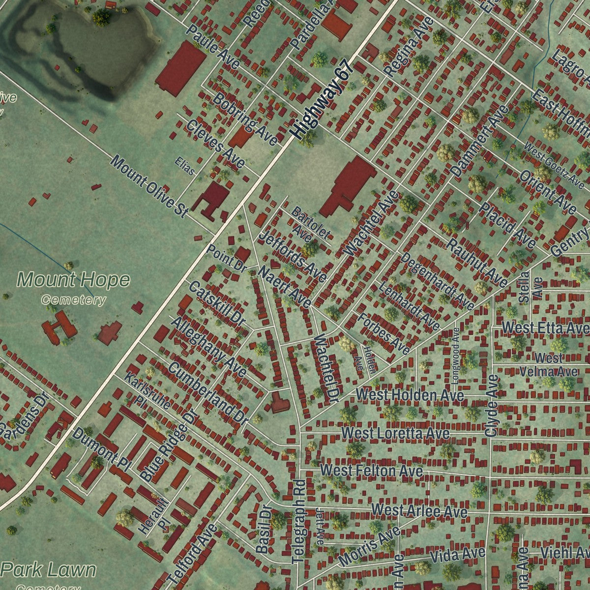 Close-up of the map of Lemay, Missouri print showing street and building detail
