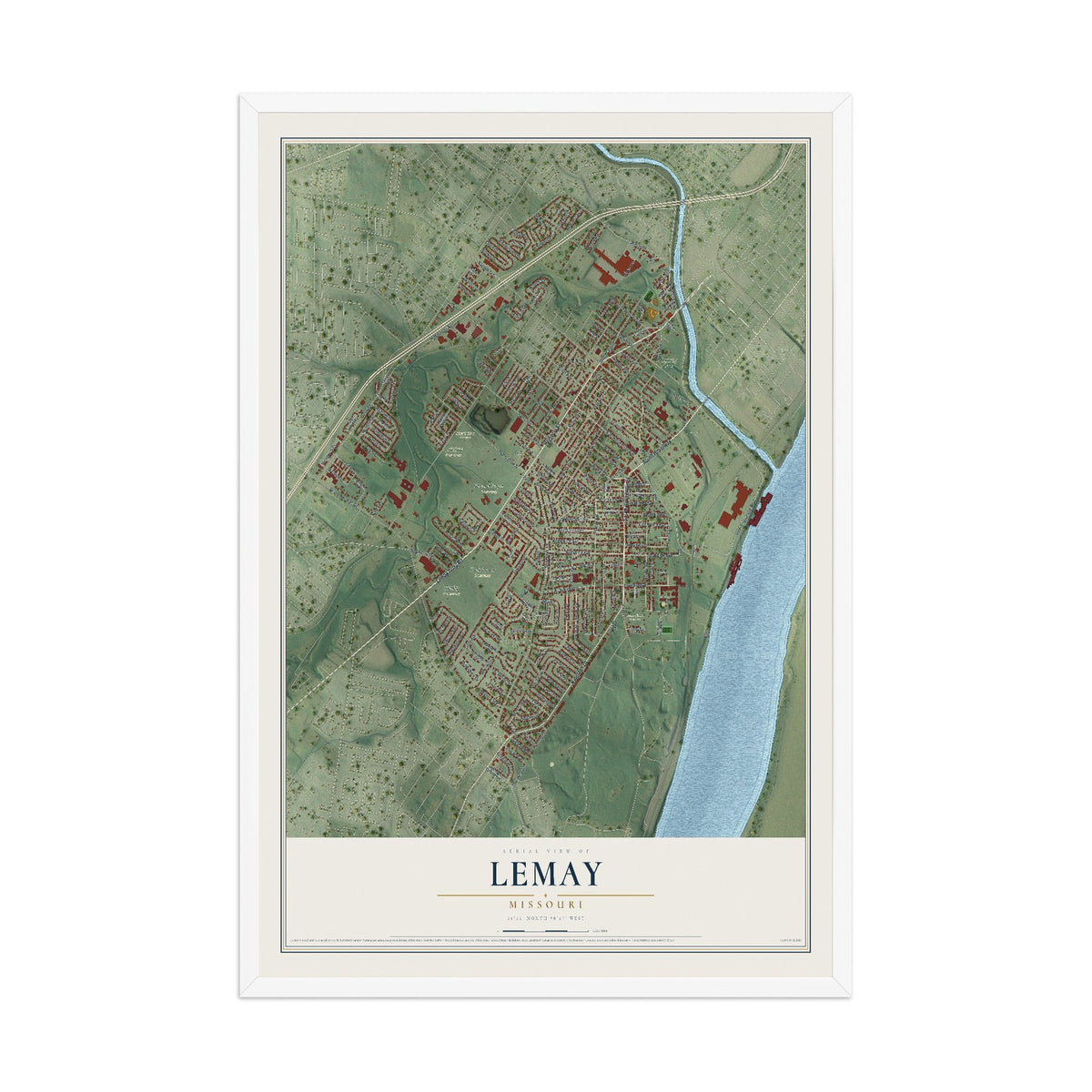 Map of Lemay, Missouri, 12 x 18 inch print in a white wood frame