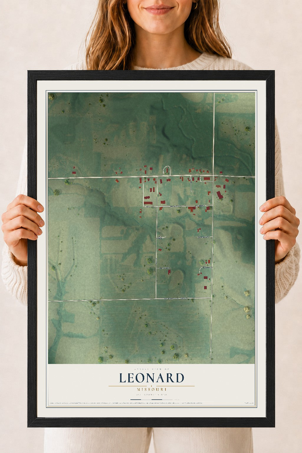 Map of Leonard, Missouri, 18 x 24 inch print in a black wood frame