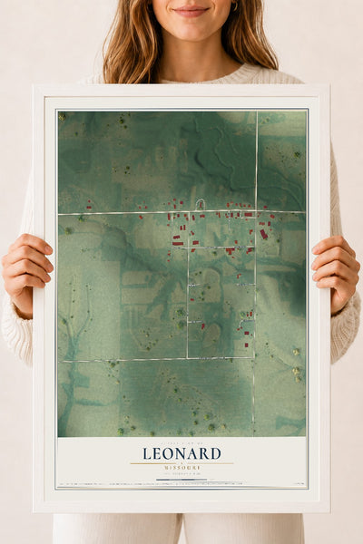 Map of Leonard, Missouri, 18 x 24 inch print in a white wood frame