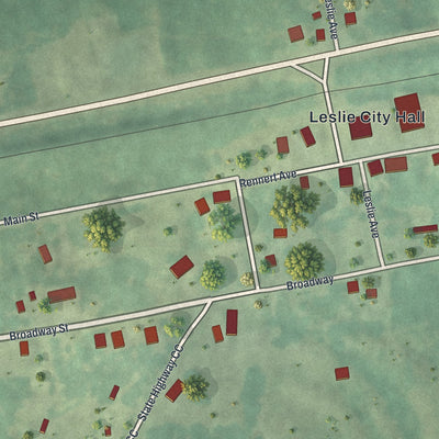 Close-up of the map of Leslie, Missouri print showing street and building detail