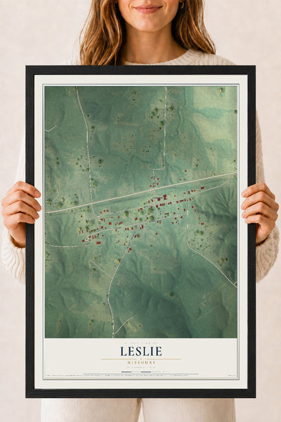 Map of Leslie, Missouri, 18 x 24 inch print in a black wood frame