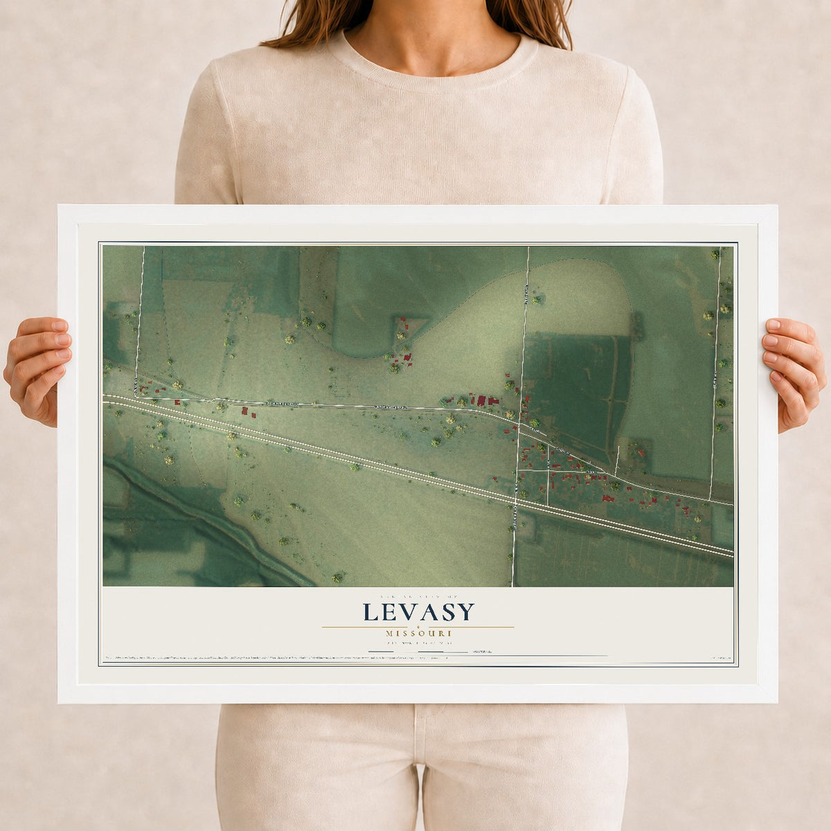 Map of Levasy, Missouri, 12 x 18 inch print in a white wood frame