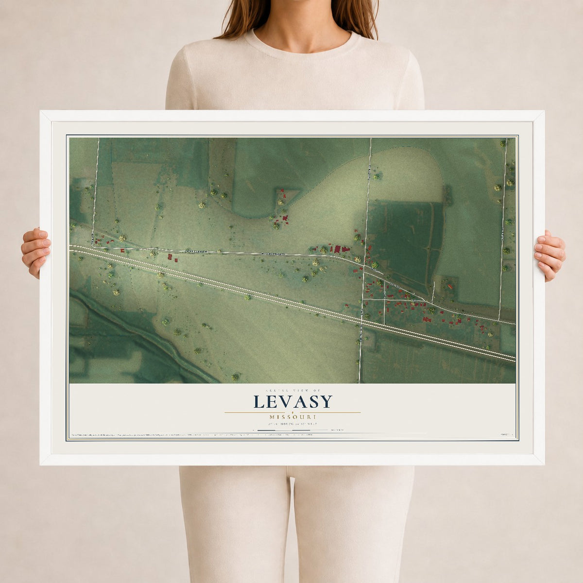 Map of Levasy, Missouri, 24 x 36 inch print in a white wood frame